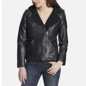 Levis Asymmetrical Sherpa Lined Faux Leather Jacket Size Medium Womens Moto Zip